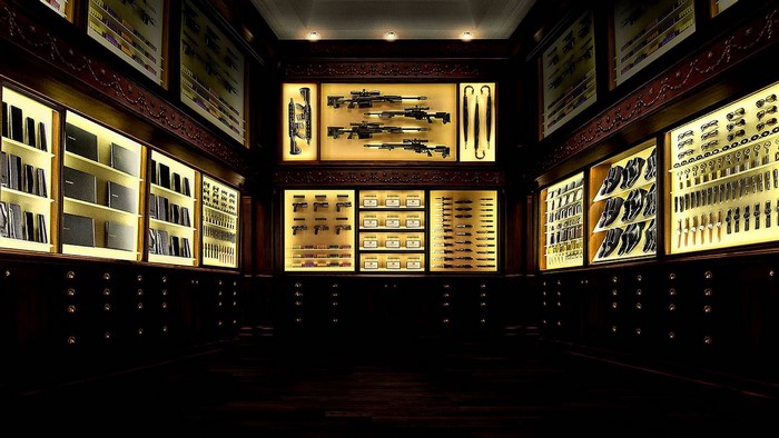 Kingsman-themed room with guns, watches, and shoes