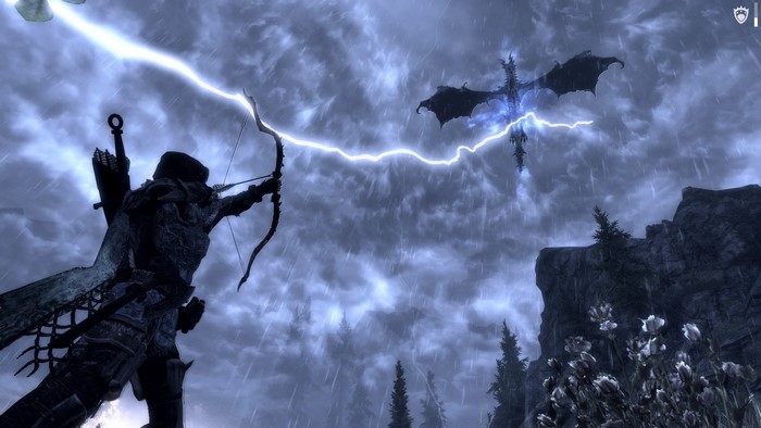 Archer fighting a dragon in The Elder Scrolls V: Skyrim during a lightning storm