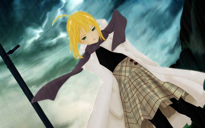 Anime girl with blonde hair and green eyes in the rain