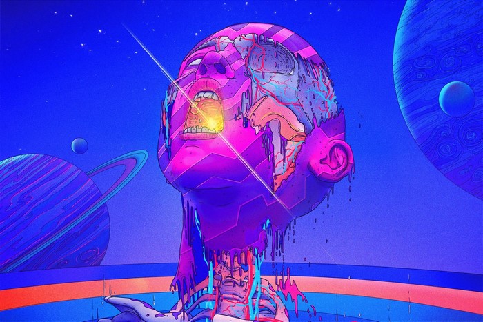Surreal futuristic artwork of a melting skull in space