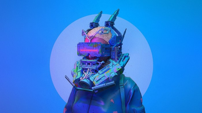 Cyberpunk cyborg with VR headset and futuristic helmet