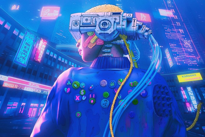 Cyberpunk character with VR headset in neon city