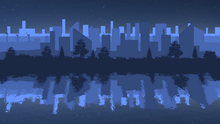 Minimalist cityscape at night with reflection