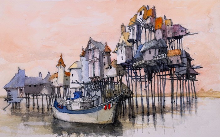 Watercolor painting of houses on stilts with a boat