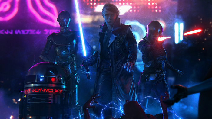 Luke Skywalker and droids from Star Wars
