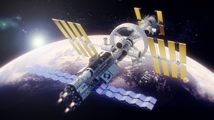 Space station orbiting planet Earth with sun flare