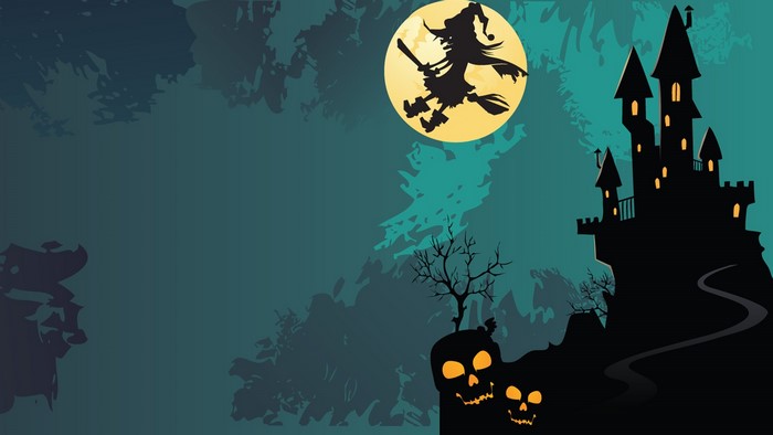 Halloween witch flying over castle with moon and skulls