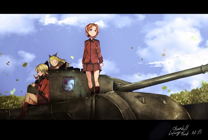 Girls und Panzer characters on a Churchill Mk.VII tank