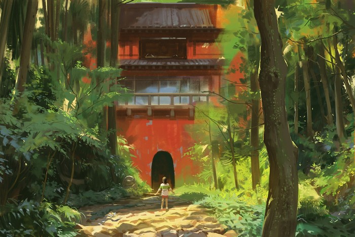 Girl in forest approaching building from Spirited Away