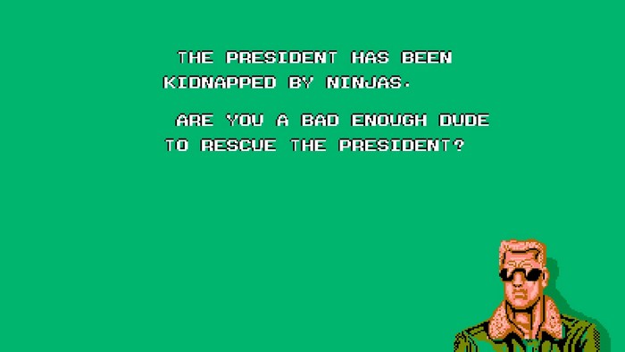 Bad Dudes text and character on green background