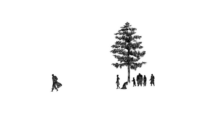 Monochrome illustration of people near a tree