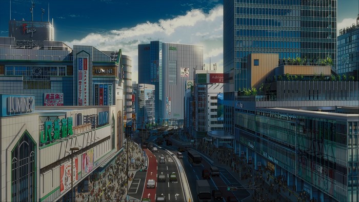 Anime city street with Lumine and Flags buildings