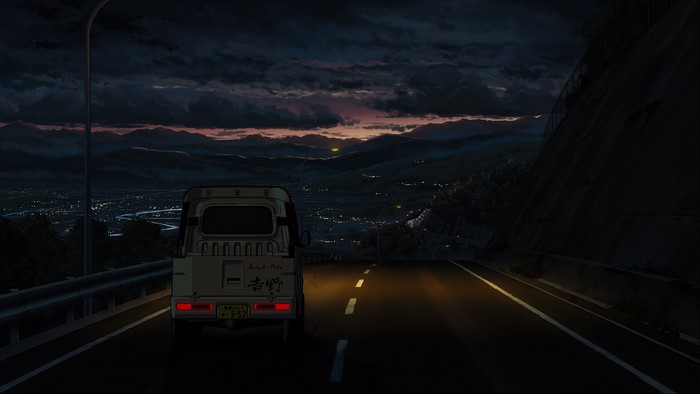 Anime truck driving on a mountain road at dusk