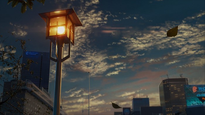 Anime city landscape with clouds and a street lamp
