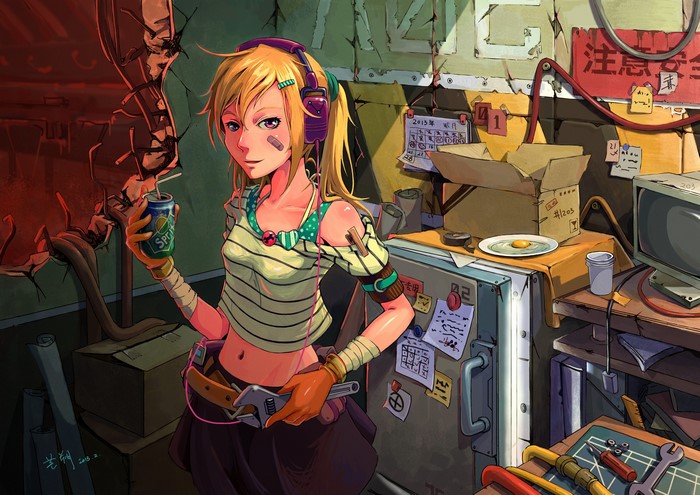 Anime girl with headphones holding a soda can in a workshop