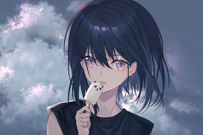 Anime girl with short black hair eating ice cream