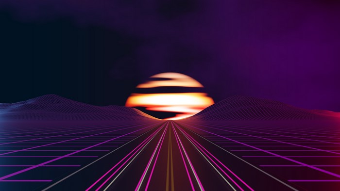 Synthwave road with sunset and mountains