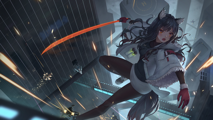 Girl with wolf ears and katana in a city
