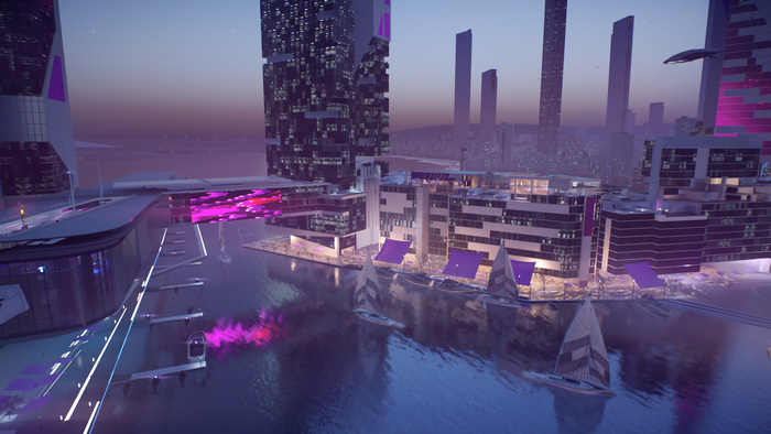Cityscape with futuristic buildings and sailboats