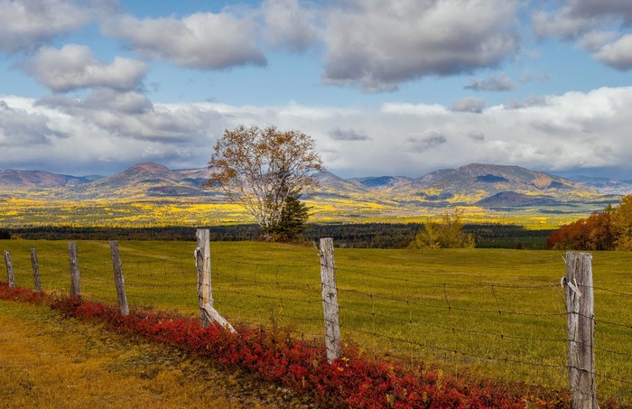 Autumn landscape with fence and mountains