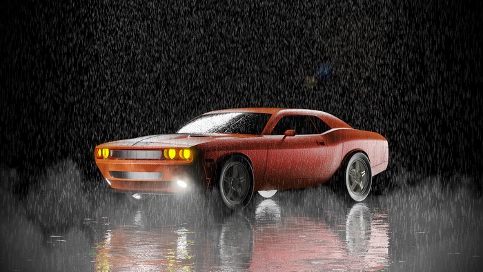 Red Dodge Challenger in the rain