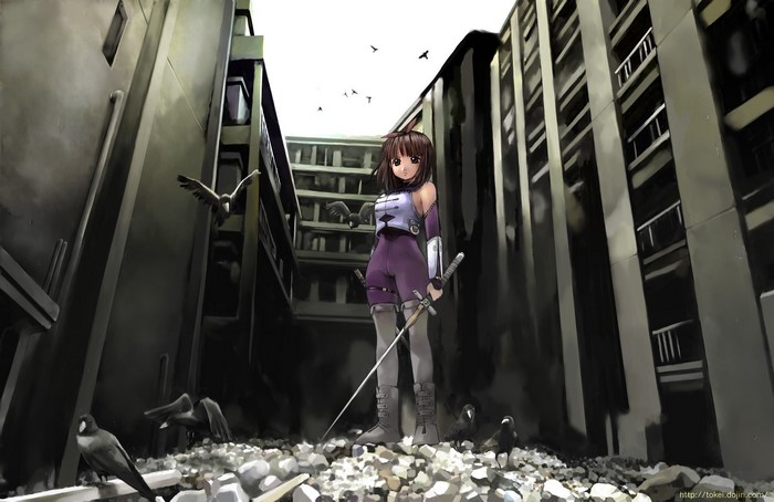 Girl with sword in ruined city with crows