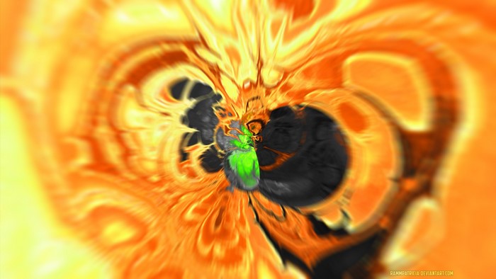 Abstract digital art with green creature and orange swirls