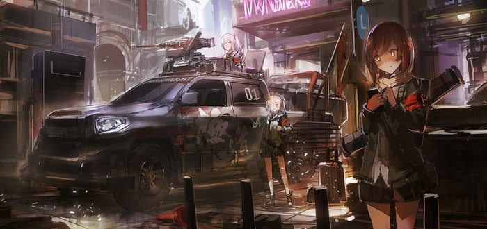 Anime girls with armed vehicle in urban setting