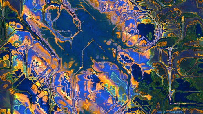Abstract digital art with blue, orange, and green patterns