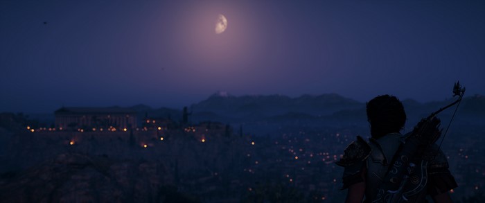 Assassin's Creed Odyssey night view of a city and temple