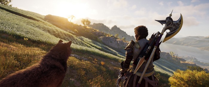 Assassin's Creed Odyssey screenshot with wolf and axe