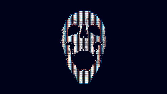 Minimalist digital art skull made of text