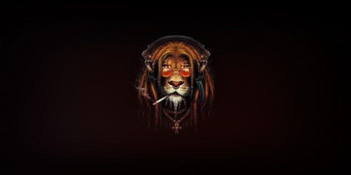 Lion wearing headphones and sunglasses smoking