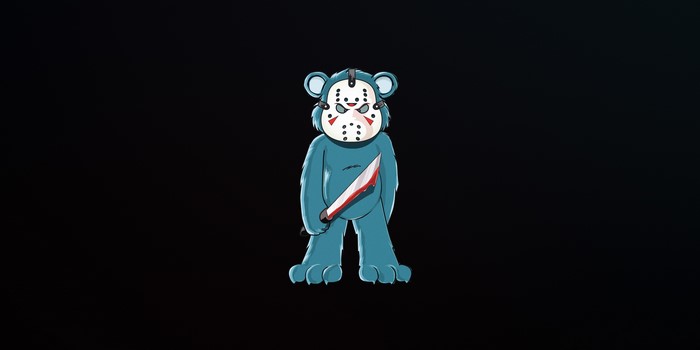 Blue bear wearing a hockey mask holding a machete