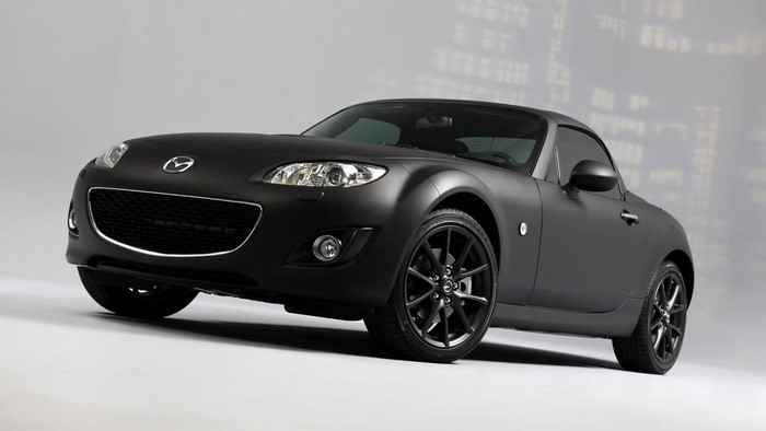 Matte black Mazda MX-5 front angle view