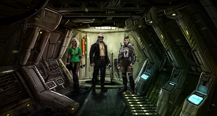 Three characters in a science fiction spaceship corridor