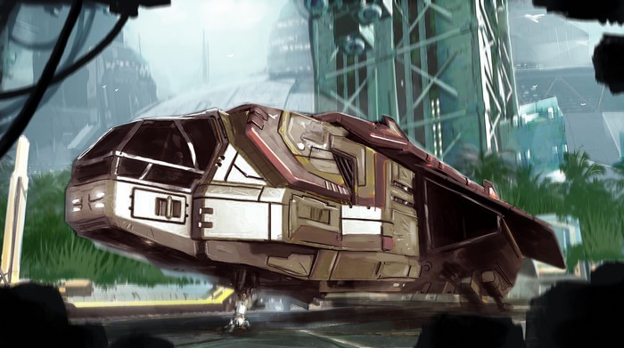Science fiction vehicle in a futuristic city