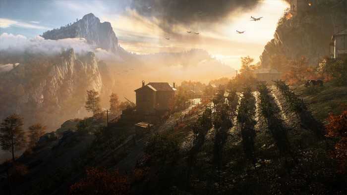 Battlefield V landscape with planes and village
