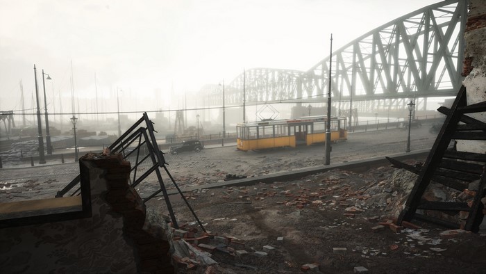 Battlefield V game art of a destroyed city street with a tram