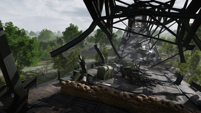 Battlefield V destroyed bridge with military equipment