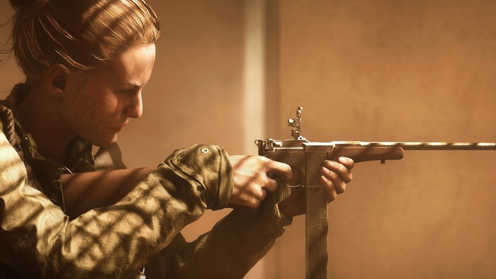 Woman aiming M1 Thompson in Battlefield game art