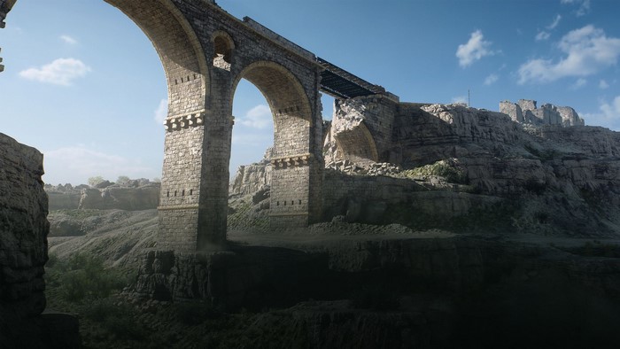 Battlefield game art of a stone bridge and rocky landscape
