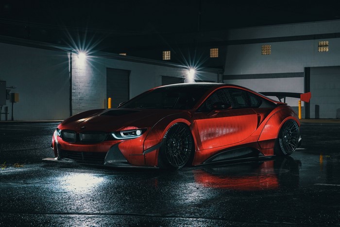 Red BMW i8 widebody kit with spoiler