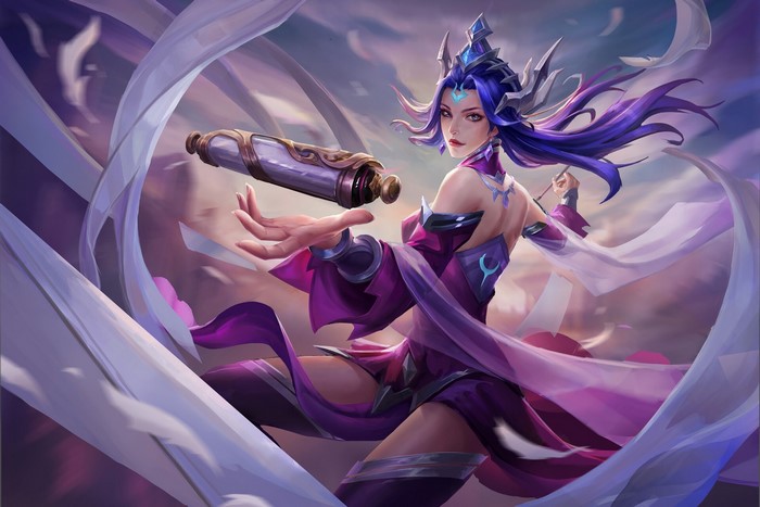 Fantasy art of a woman with purple hair holding a scroll