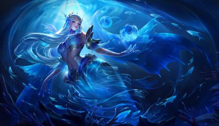 Fantasy art of a mermaid with flowing blue hair