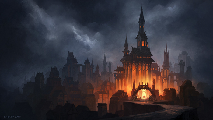 Gothic castle city illuminated by fire under stormy sky