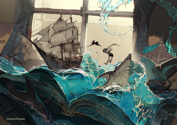 Anime illustration of a ship and sharks emerging from a book
