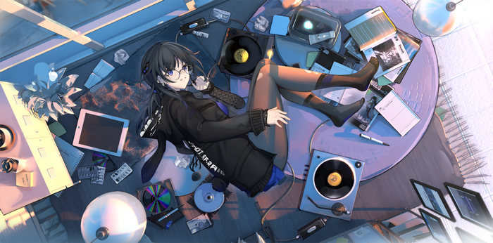 Anime girl with glasses surrounded by music equipment