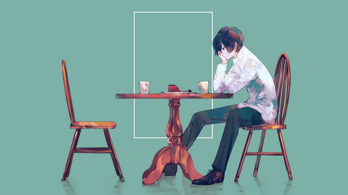 Anime Boy Sitting at Coffee Table