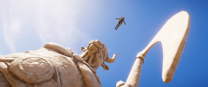 Assassin's Creed statue and character in the sky